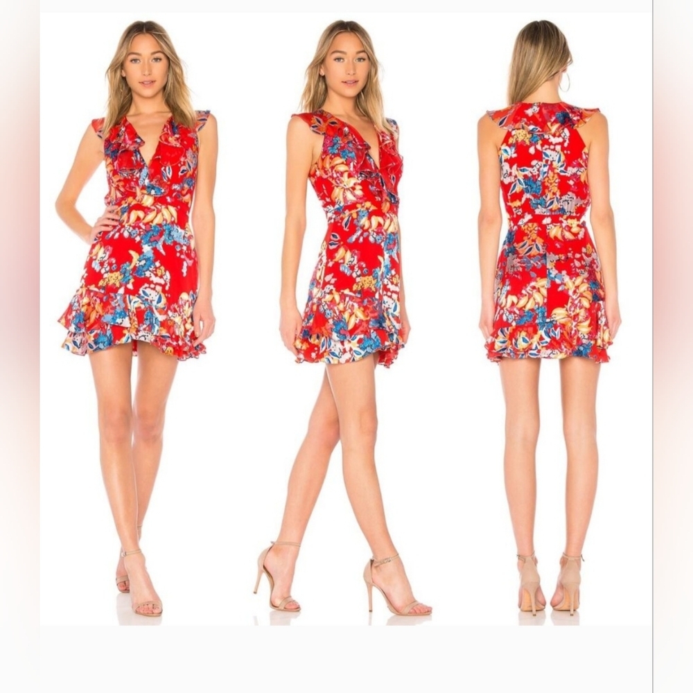 Saloni Cece Floral Print Ruffle Trim Dress in Coral Size 4 - Picture 2 of 9
